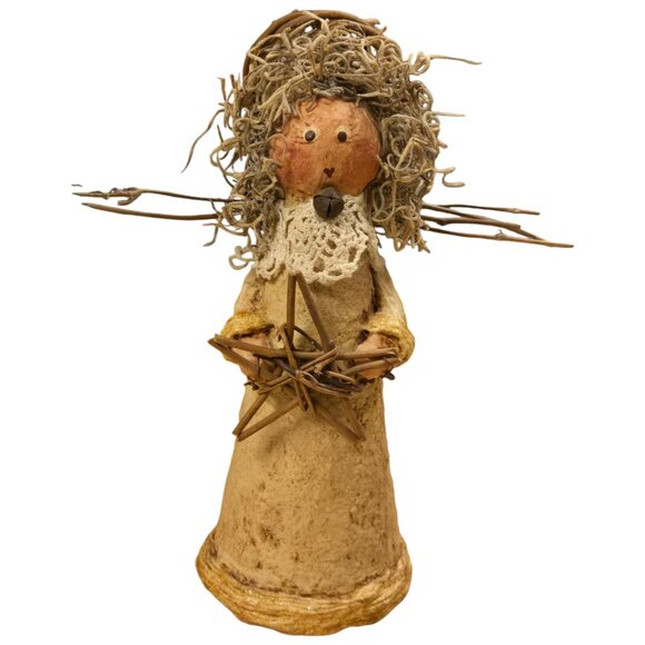 Vintage Angel Figurine 8 Inch Tall Paper Mache Twig Star Prim Home Decor - Picture 6 of 16